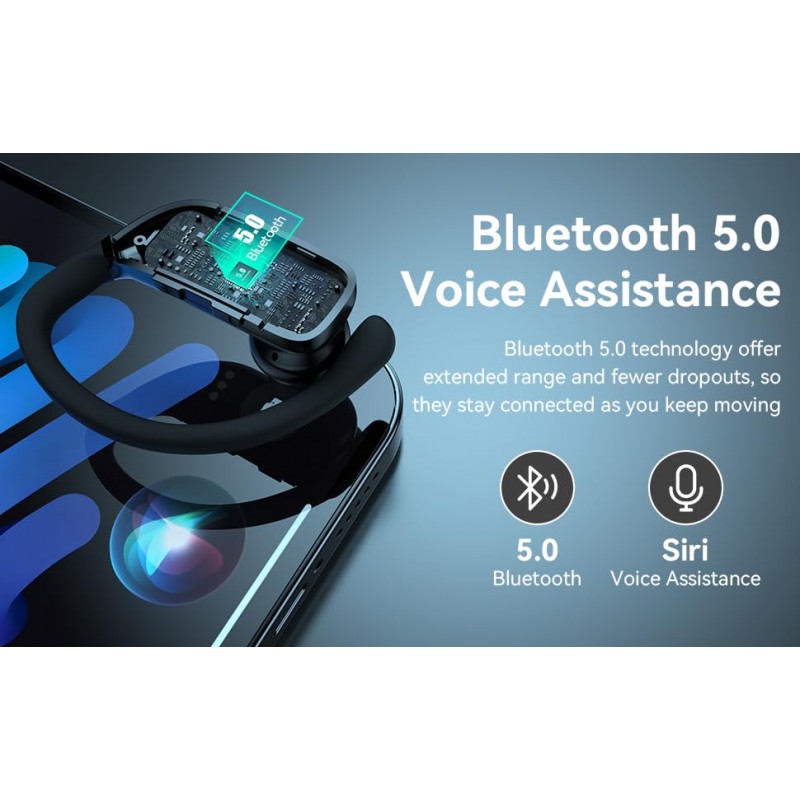 무선 Bluetooth 헤드폰 - 48시간 재생, LED 디스플레이, 이어후크가 있는 오버이어 스포츠 이어버드, 내장 마이크, 블랙 - 활동적인 라이프스타일을 위한 프리미엄 운동 헤드셋