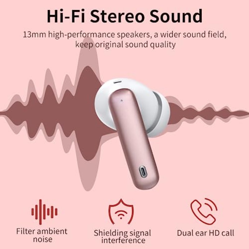 HISOOS 무선 이어버드 블루투스 능동형 소음 차단 헤드폰 HiFi 스테레오 이어버드 LED 전원 디스플레이 이어폰형 헤드폰(충전 케이스 포함) 아이폰 안드로이드용 이어폰, 음악 게임(로즈 골드)