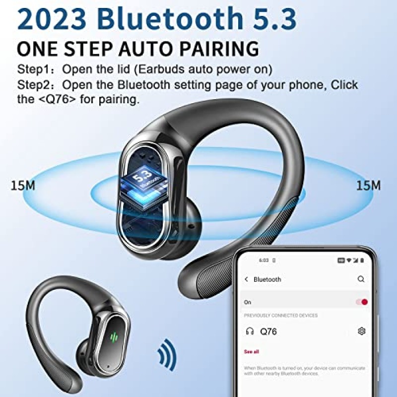 무선 이어버드 헤드폰 Bluetooth 5.3, 소음 제거 마이크가 포함된 이어 버드를 통한 50H 재생 시간, LED 디스플레이, 스테레오 베이스 귀고리 포함 Bluetooth 이어버드, 스포츠 운동용 IP7 방수 이어폰