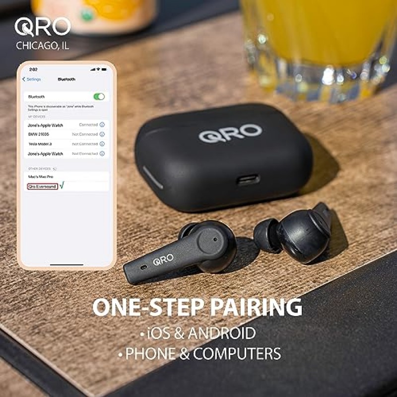 Qro Eversound 무선 이어버드 Bluetooth 헤드폰 36H 재생 시간 내장 소음 제거 마이크(충전 케이스 포함) ANC iPhone/Android/Pod용 방수 이어폰형 이어버드 스테레오 사운드