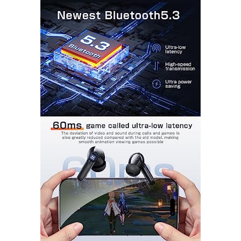 Bluetooth 이어버드 무선 헤드폰, 4개의 소음 제거 마이크가 포함된 50H 딥 베이스 이어버드, iPhone용 IPX5 방수 이어폰 Android 스포츠 게임 학교 audifonos bluetooth inalambricos