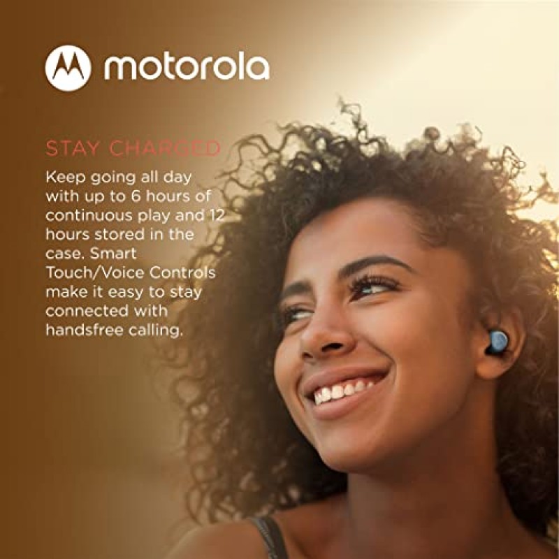 Motorola Motobuds 250 - 마이크 및 무선 충전 케이스가 포함된 진정한 무선 Bluetooth 이어버드 - IPX5 방수, 스마트 터치 컨트롤, 가볍고 편안한 핏, 딥 베이스 - 블루