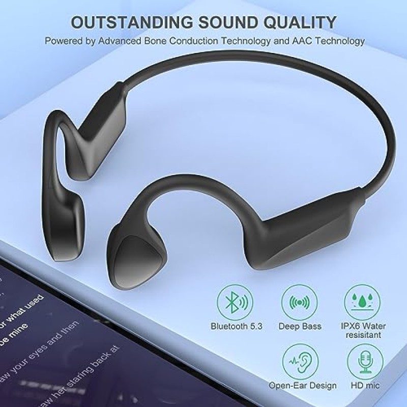 Qaekie 골전도 헤드폰 - HD 마이크가 장착된 Bluetooth 5.3 개방형 헤드폰, 12시간 재생 딥 베이스 스포츠 무선 헤드폰, 달리기, 사이클링, 하이킹, 운전용 땀 방지 뼈 헤드폰