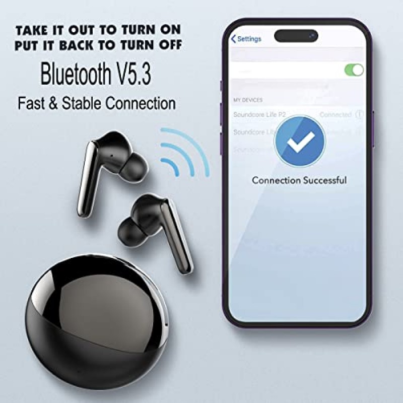 무선 이어버드, Bluetooth 5.3 이어폰 내장 HD 마이크, 터치 컨트롤 몰입형 프리미엄 사운드를 갖춘 Bluetooth 헤드폰, iPhone Android용 충전 케이스가 포함된 무선 이어버드(블랙)