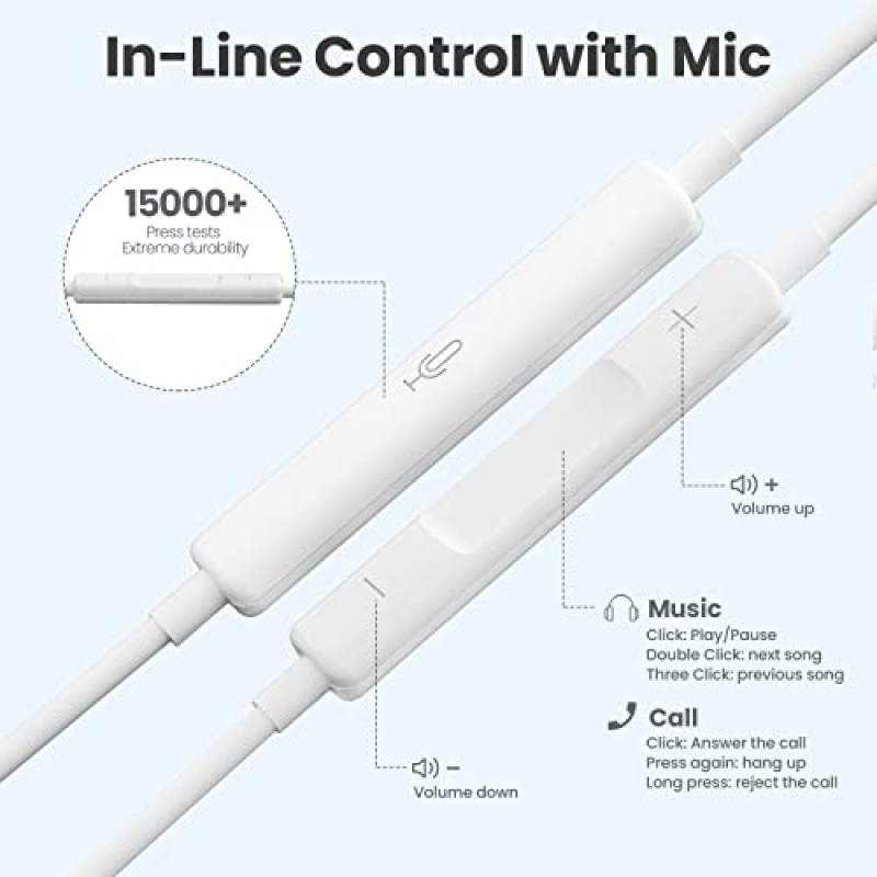 4팩 USB C 헤드폰, Type C 이어버드 유선 이어폰(마이크 포함), Samsung Galaxy S23/S22/S21/S20/Ultra Note 10/20, iPad Pro, Pixel 7 Android 스마트폰용 원격 제어 이어폰형 헤드셋