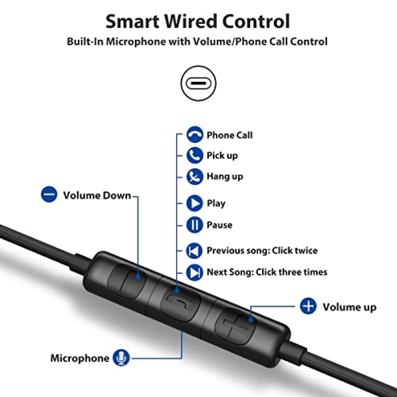 iPhone 15 Pro용 Jiunai USB C 헤드폰, MacBook용 마이크 소음 감소 이어폰이 포함된 자기 부착형 인이어 스테레오 유형 C HiFi 디지털 유선 이어버드 Samsung Galaxy S23 Z Flip 5 iPad Pixel 8 Pro