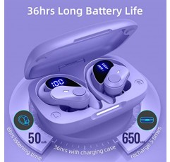 GOLREX Bluetooth 헤드폰 무선 이어버드 36시간 재생 무선 충전 케이스 디지털 LED 디스플레이 귀고리 포함 오버이어 이어폰 스포츠 러닝 운동용 마이크가 포함된 방수 헤드셋 보라색