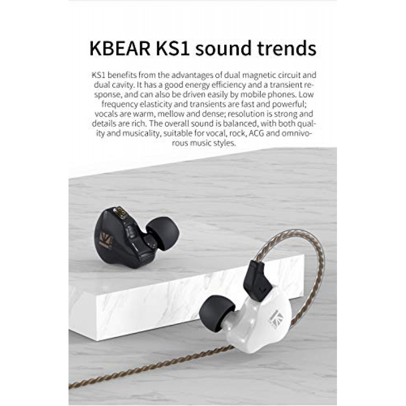 KBear KS1 Hifi 스테레오 인이어 모니터, 듀얼 자기 회로 다이나믹 이어폰, HiFi 오버이어 이어버드 헤드셋 소음 차단 이어폰(러닝 워킹용 탈착식 케이블 포함)(흰색 마이크 없음)