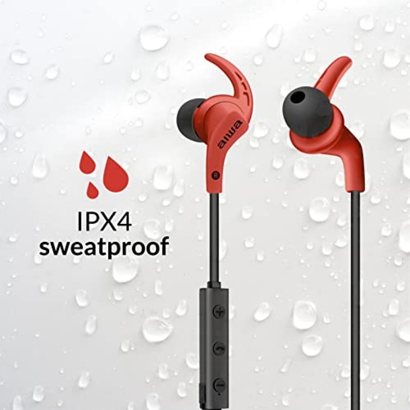 Aiwa Sport in Ear 무선 이어버드, Bluetooth 5.0, 10mm 드라이버, 30피트 범위, 4시간의 배터리 수명, 운동에 적합, 프리미엄 사운드(빨간색)