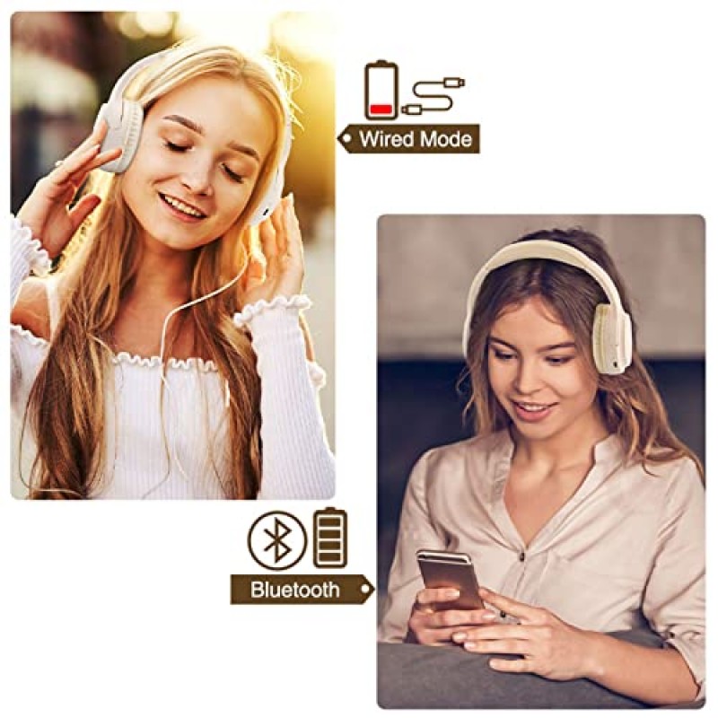 Bingozones SN-A2 무선 헤드폰 Bluetooth(마이크 포함), 학교용 경량 Bluetooth V5.3 온이어 헤드셋, 20+H 재생 시간, iPad/여행/태블릿/PC용 휴대용 유선 헤드폰 - 베이지