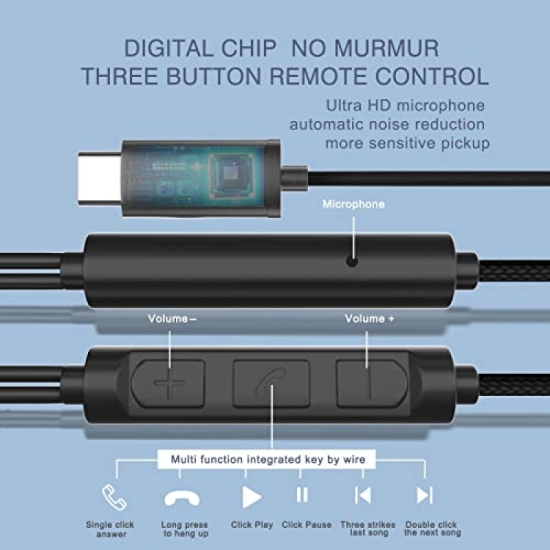 HLY USB C 헤드폰, Type C 이어버드 자기 HiFi 스테레오 유선 이어폰(마이크 및 볼륨 조절 포함) USB C 휴대폰과 호환 가능 Google Pixel Xiaomi Samsung Oneplus Sony iPad MacBook Black