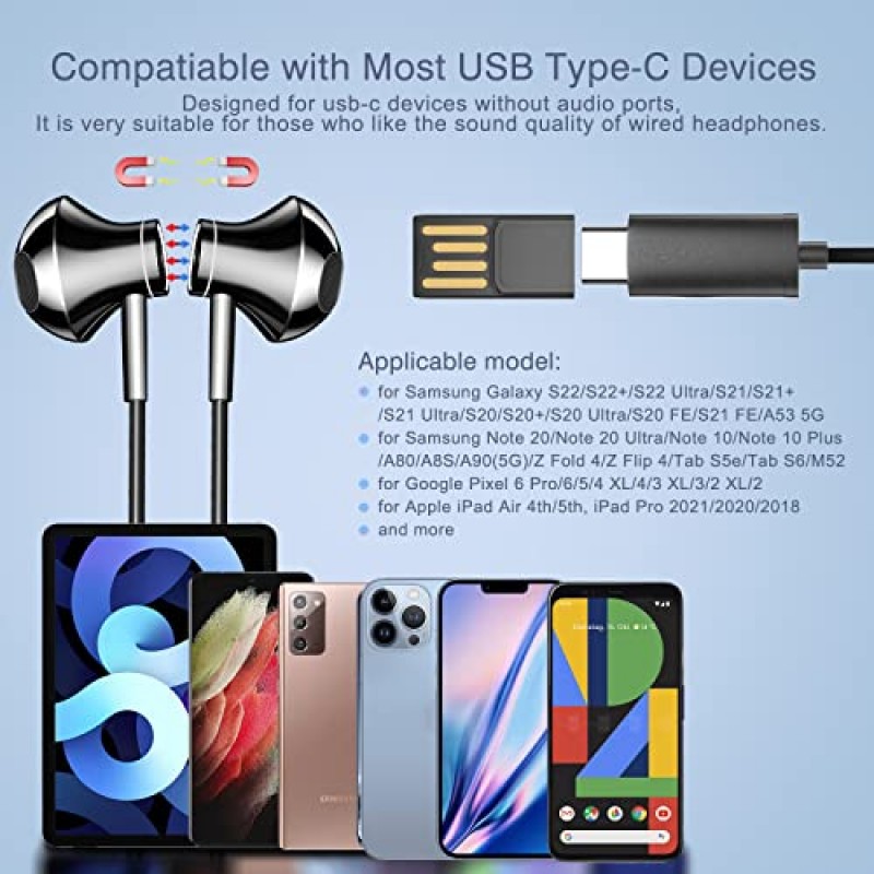 HLY USB C 헤드폰, Type C 이어버드 자기 HiFi 스테레오 유선 이어폰(마이크 및 볼륨 조절 포함) USB C 휴대폰과 호환 가능 Google Pixel Xiaomi Samsung Oneplus Sony iPad MacBook Black