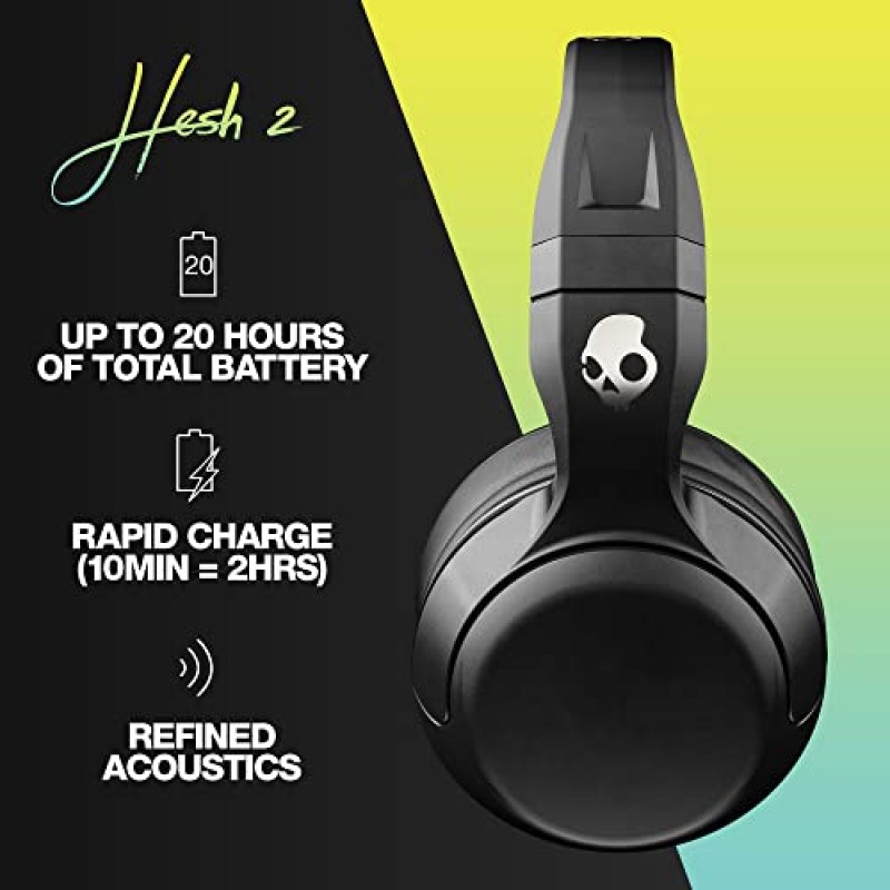 Skullcandy Hesh 2 오버이어 무선 헤드폰, 15시간 배터리, 마이크, iPhone Android 및 Bluetooth 장치와 작동 - 블랙