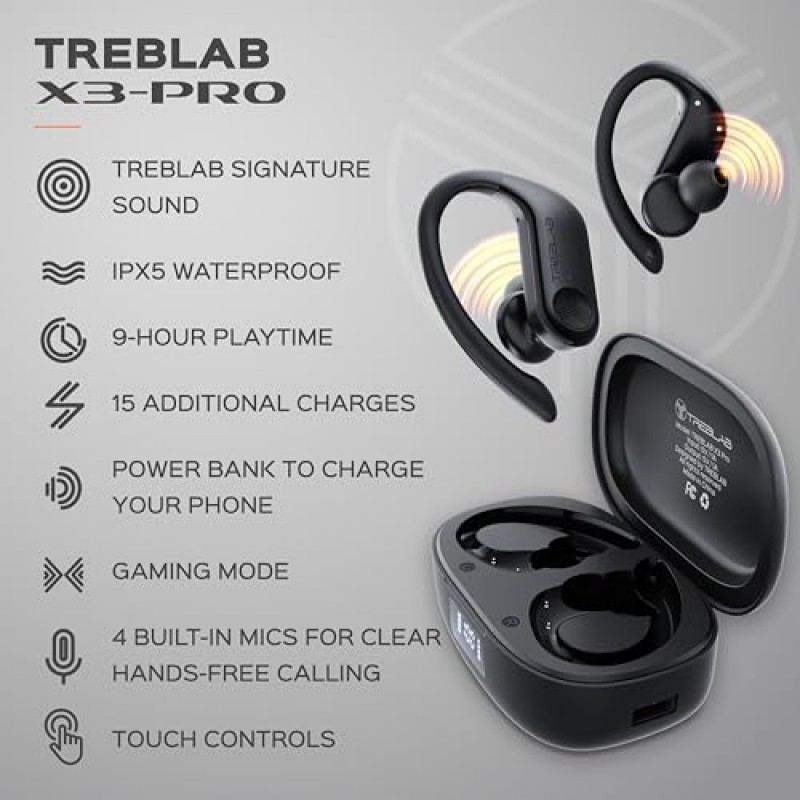 TREBLAB X3 Pro - 이어후크가 있는 진정한 무선 이어버드 - 145시간 배터리 수명, Bluetooth 5.0, IPX5 방수 이어버드 - 스포츠, 달리기, 운동용 충전 케이스가 포함된 TWS Bluetooth 헤드폰 - 블랙