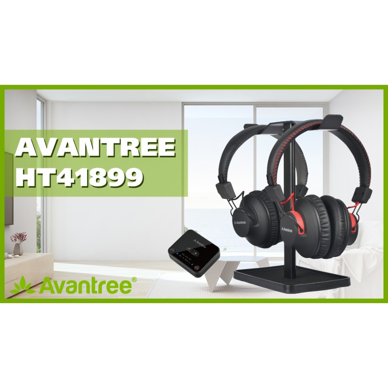 Avantree HT41899 TV 시청용 듀얼 Bluetooth 5.0 무선 헤드폰(2개 세트) 송신기(광학 AUX RCA) 및 헤드셋 스탠드 포함, 개별 볼륨 조절, 40시간 재생 시간, 플러그 앤 플레이, 지연 없음