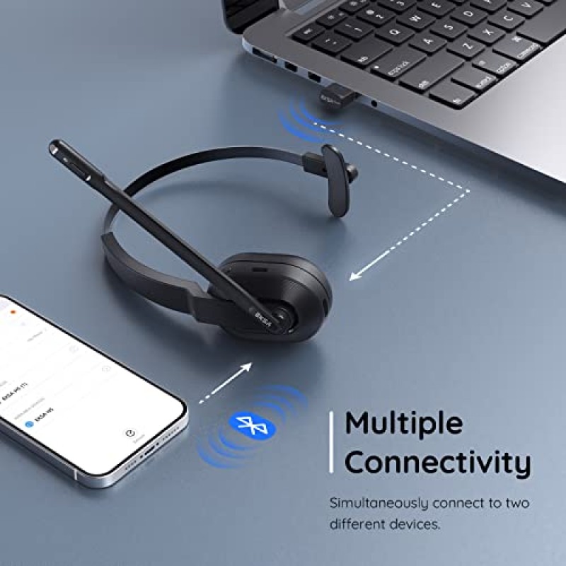 Bluetooth 헤드셋, AI 기반 환경 소음 제거 마이크(ENC) 및 고속 충전 스탠드가 탑재된 무선 헤드폰, 경량, PC용 USB 동글이 탑재된 45시간 온이어 헤드폰(검은색)