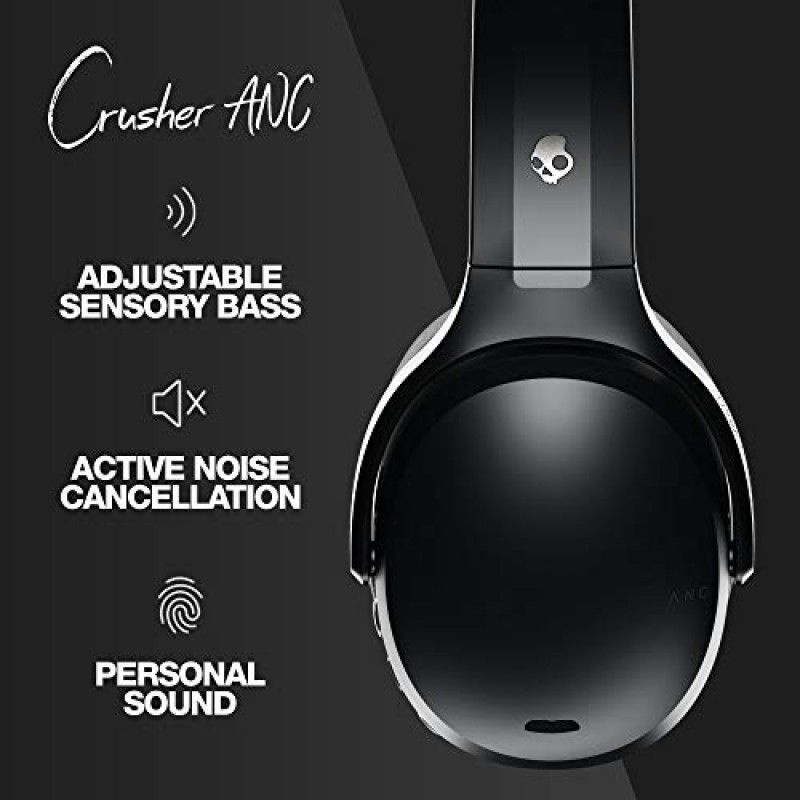 Skullcandy Crusher ANC 오버이어 소음 차단 무선 헤드폰(감각 저음 포함), 24시간 배터리, 마이크, Bluetooth 장치와 작동 - 블랙