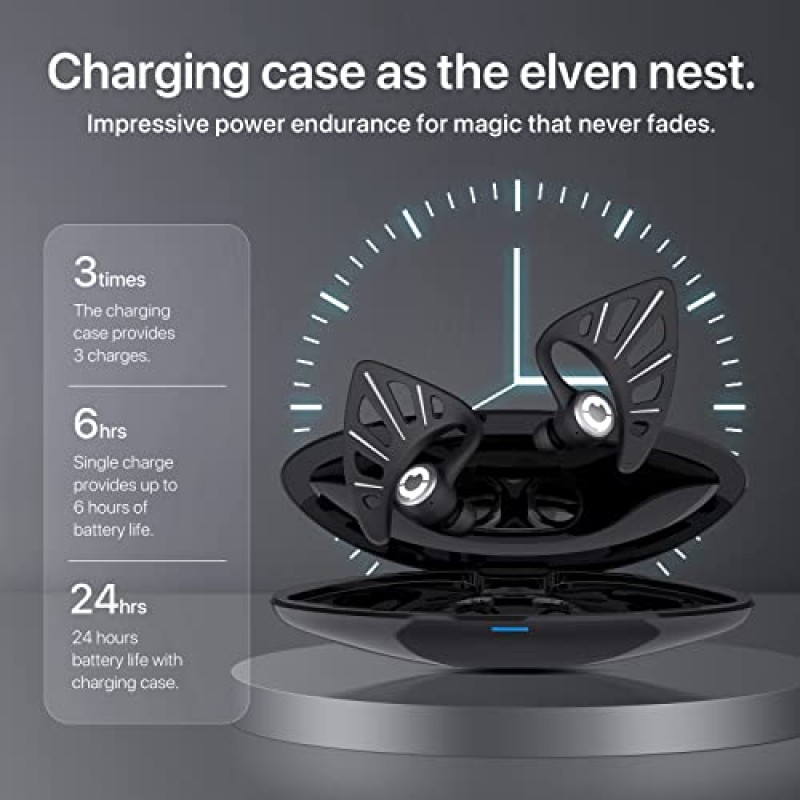 YOWU Elf 이어 헤드폰, 무선 5.0 이어폰, 앱 제어 기능이 있는 10가지 색상 RGB 효과, 듀얼 마이크 소음 감소, IPX4 방수, 충전 케이스가 포함된 Elf 인이어 이어버드 - 블랙