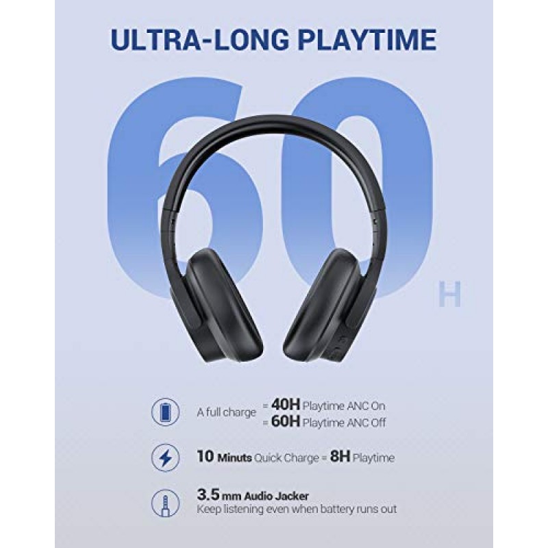 40dB 소음 감소 기능을 갖춘 Cystereo 능동형 소음 차단 헤드폰, 무선 Bluetooth, 40H 재생 시간, aptX HD, 고해상도 오디오, 고속 충전, 깊은 베이스, 단백질 이어패드, 내장 마이크 5개, 블랙(Lava)