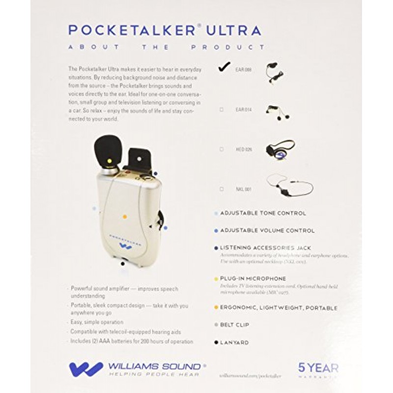 Williams Sound PocketTalker Ultra 헤드폰 및 무료 와이드 레인지 이어폰 포함