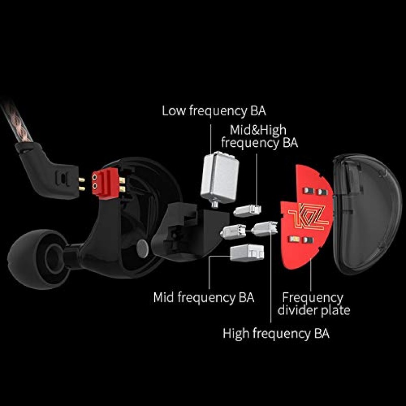 KZ AS10, LINSOUL 5BA HiFi 스테레오 인이어 이어폰 고해상도 이어버드 헤드폰 0.75mm 2핀 케이블, 평형 전기자 드라이버 5개, 소음 차단(마이크 없음, 검정색)