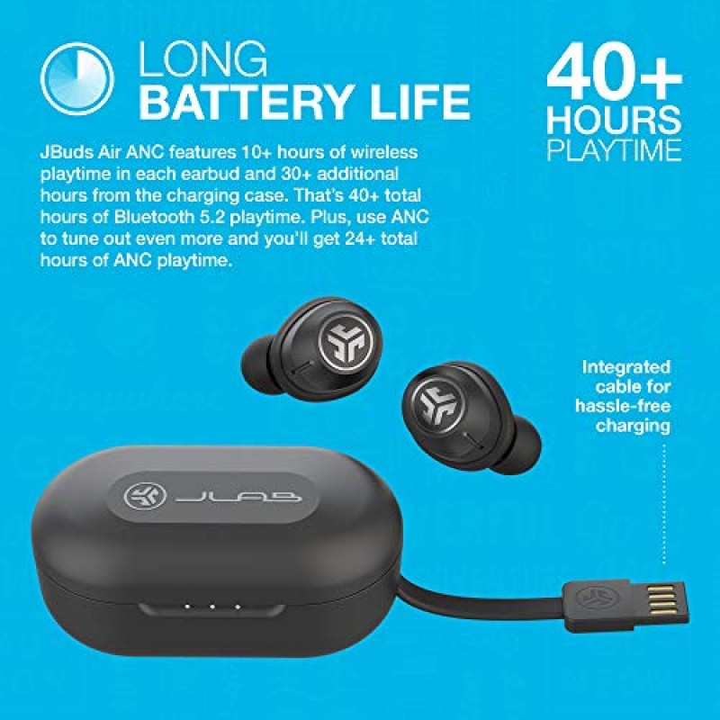 JLab JBuds Air ANC 진정한 무선 Bluetooth 이어버드, 블랙, 능동형 소음 제거, 낮은 대기 시간 영화 모드, 듀얼 연결, IP55 땀 방지, 사용자 정의 3 EQ 사운드 설정