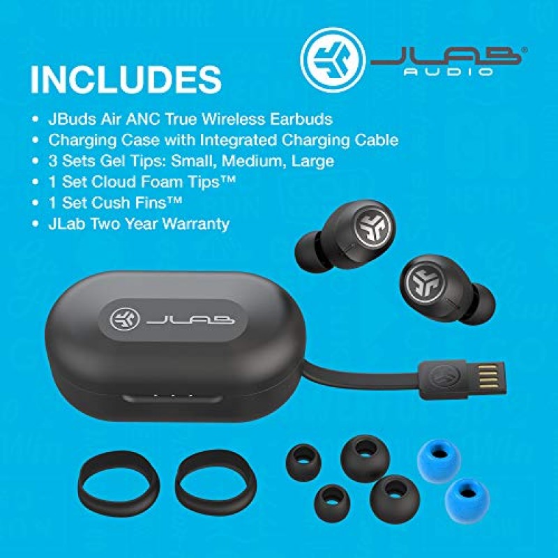 JLab JBuds Air ANC 진정한 무선 Bluetooth 이어버드, 블랙, 능동형 소음 제거, 낮은 대기 시간 영화 모드, 듀얼 연결, IP55 땀 방지, 사용자 정의 3 EQ 사운드 설정