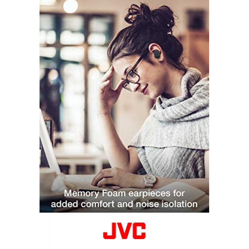 JVC HAA50TB 진정한 무선 이어버드 메모리 폼 이어피스가 포함된 소음 차단 이어버드, 충전 케이스 포함 32시간 배터리 수명, 터치 앤 토크, Bluetooth 5.0, 터치 센서 제어, 방수 IPX4, 블랙