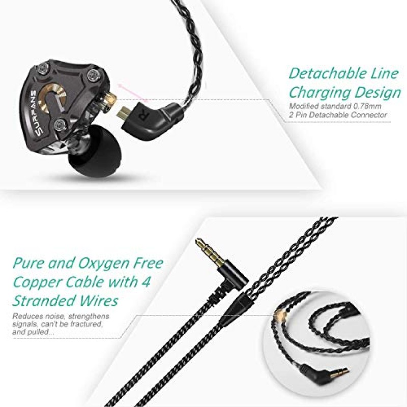 Surfans SE01 IEM 헤드폰, 이어 모니터 이어폰의 고해상도 무손실 하이브리드 드라이버 베이스, 0.78mm 2핀 분리형 케이블이 포함된 소음 차단 유선 이어버드