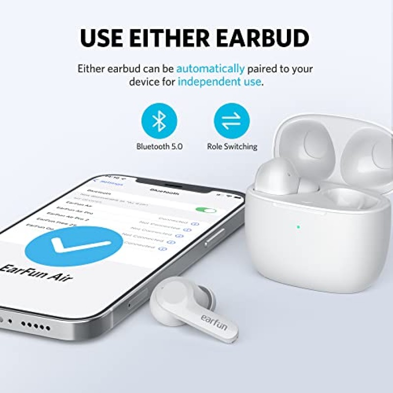 EarFun Air 진정한 무선 이어버드, 마이크 4개가 포함된 Bluetooth 이어버드, 볼륨 조절 기능이 있는 Sweatshield IPX7 방수, USB-C 고속 충전, 무선 충전 기능이 있는 인이어 헤드폰, 딥 베이스, 35시간, 화이트