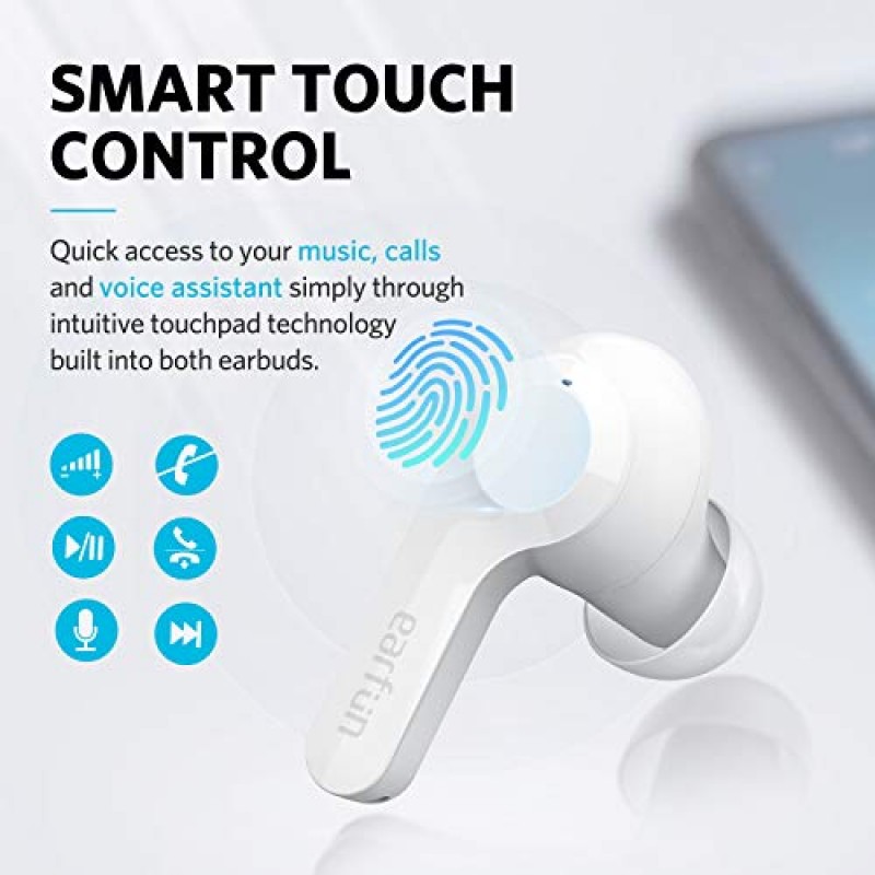 EarFun Air 진정한 무선 이어버드, 마이크 4개가 포함된 Bluetooth 이어버드, 볼륨 조절 기능이 있는 Sweatshield IPX7 방수, USB-C 고속 충전, 무선 충전 기능이 있는 인이어 헤드폰, 딥 베이스, 35시간, 화이트