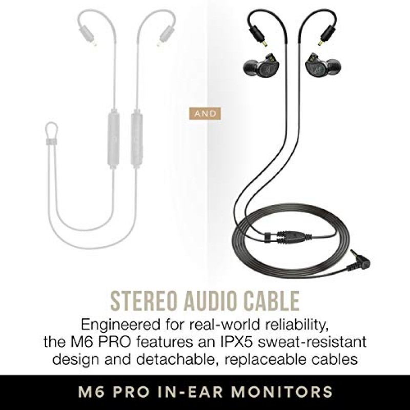 MEE audio M6 PRO 뮤지션용 인이어 모니터 유선 + 무선 콤보 팩: 스테레오 오디오 케이블 및 Bluetooth 오디오 어댑터(검은색) 포함(CMB-M6PROBT-BK)