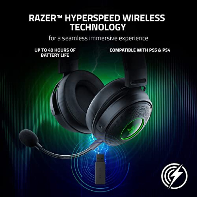 Razer Kraken V3 Pro HyperSense 무선 게이밍 헤드셋(햅틱 기술 포함): Triforce 티타늄 50mm 드라이버 - THX 공간 오디오 - 초고속 무선 - 패브릭 및 인조 가죽 메모리 폼 쿠션(리뉴얼)