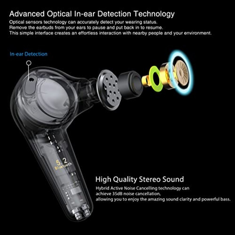 Digdiy 무선 이어버드 하이브리드 능동형 소음 제거, D11 ANC 무선 이어폰, Bluetooth 5.2 이어폰 감지 헤드폰, 투명 모드, ENC 클리어 통화, 28시간 배터리 무선 충전, IPX6