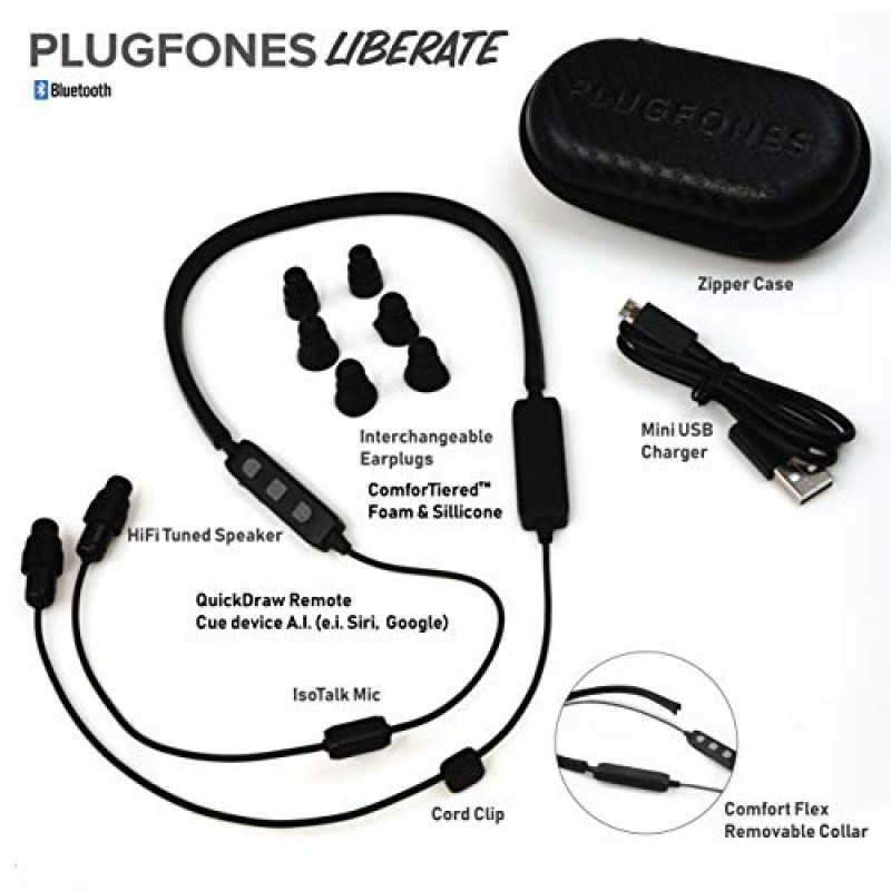 Plugfones Liberate 2.0 무선 Bluetooth 인이어 이어플러그 이어버드 - 소음 차단 마이크 및 컨트롤이 포함된 소음 감소 헤드폰(검은색 및 회색)