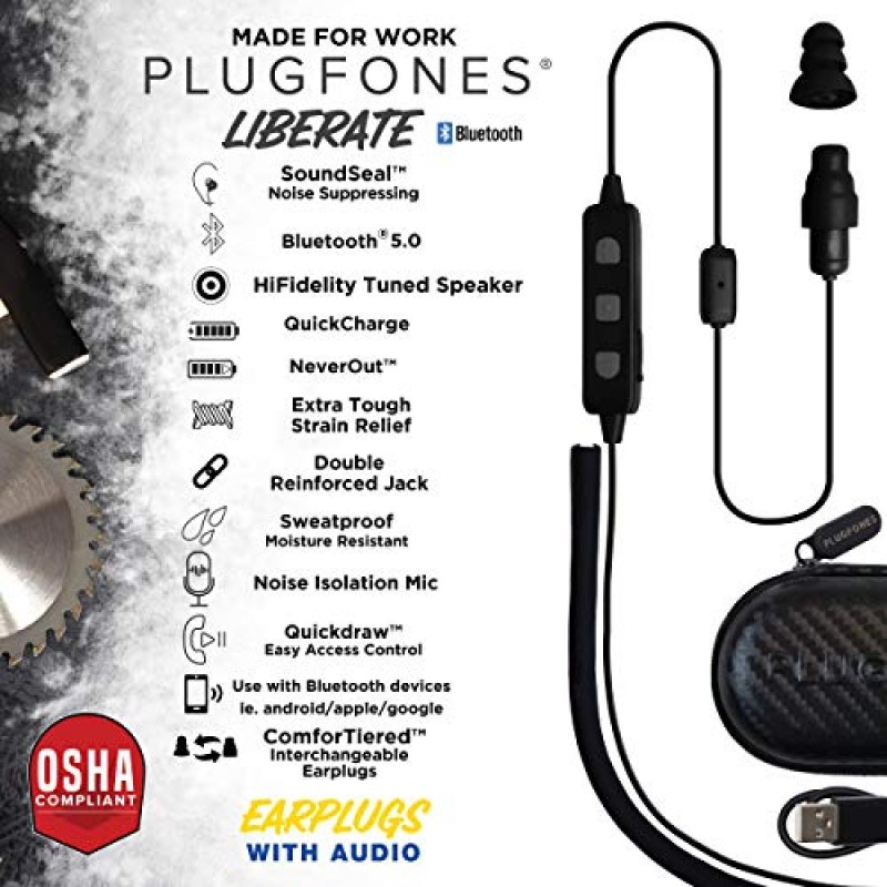 Plugfones Liberate 2.0 무선 Bluetooth 인이어 이어플러그 이어버드 - 소음 차단 마이크 및 컨트롤이 포함된 소음 감소 헤드폰(검은색 및 회색)