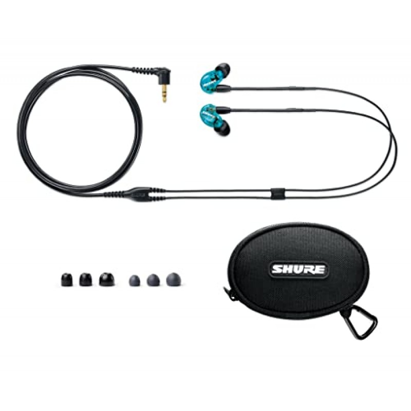 Shure SE215 Pro 이어폰형, 파란색 분리형 및 Shure 범용 통신 케이블, 검정색