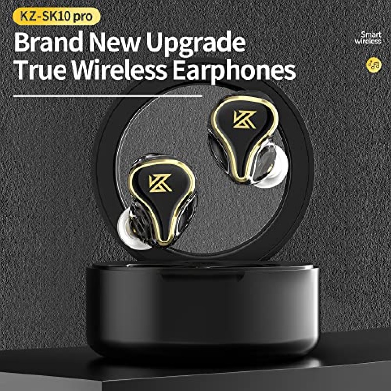 KZ SK10Pro TWS Bluetooth 5.2 이어폰, SK10 PRO 하이브리드 드라이버 진정한 무선 이어버드, 30시간 배터리 수명, 스마트 터치 컨트롤 포함, 게임 모드 빠르게 전환, APTX HD 오디오/AAC/SBC 지원(검은색)