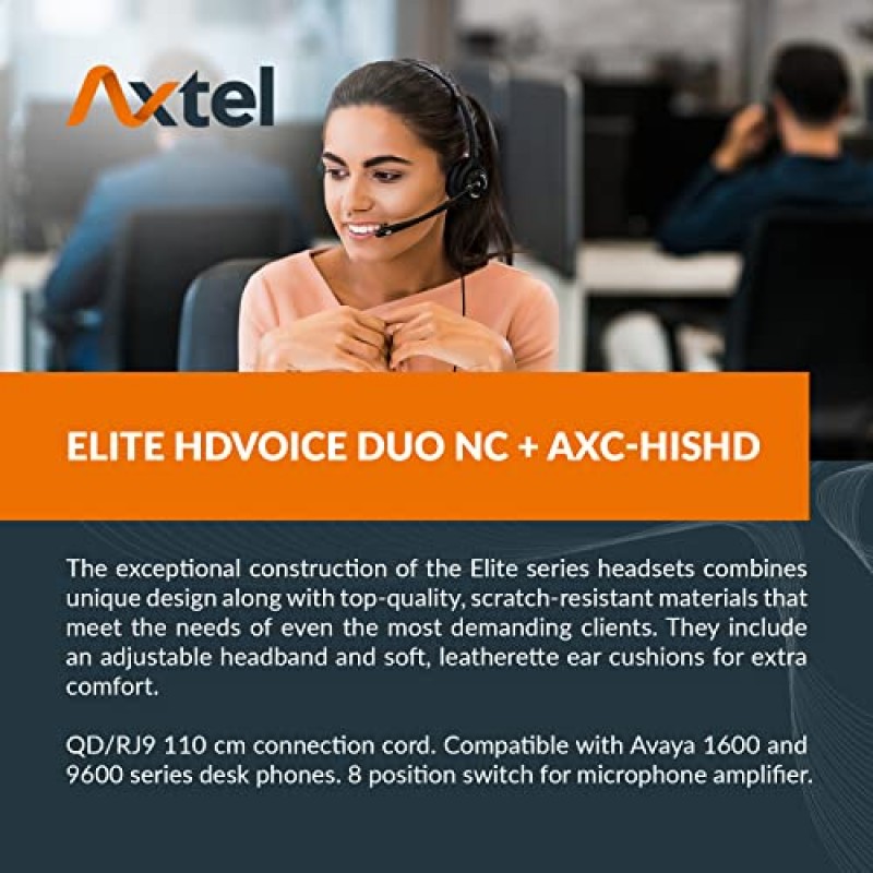 Axtel 번들 Elite HDvoice Duo NC(AXC-HISHD 케이블 포함) | 소음 제거 - Avaya 1600/9600 시리즈 IP 전화기와 호환 가능 | 최대 8레벨까지 마이크 증폭기가 포함된 케이블