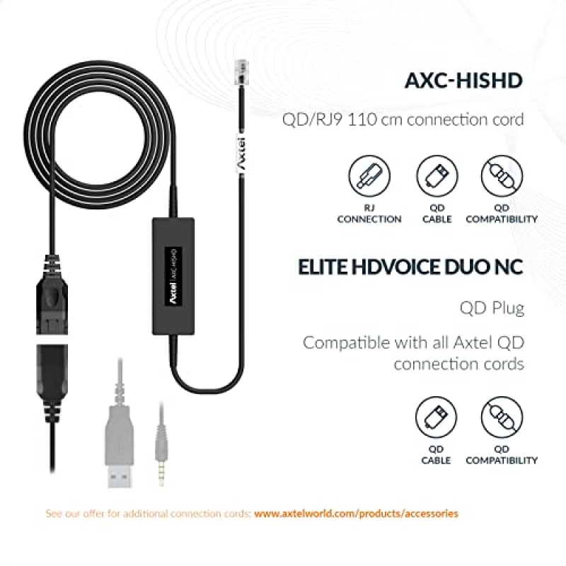 Axtel 번들 Elite HDvoice Duo NC(AXC-HISHD 케이블 포함) | 소음 제거 - Avaya 1600/9600 시리즈 IP 전화기와 호환 가능 | 최대 8레벨까지 마이크 증폭기가 포함된 케이블