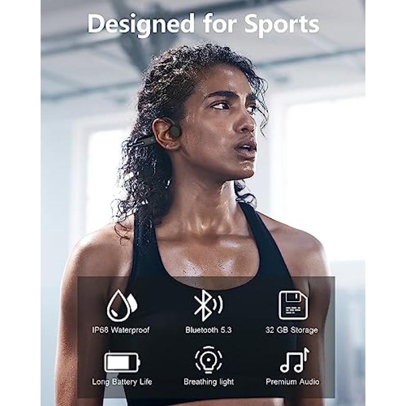 Dnniakm 골전도 헤드폰 수영, 수영용 수중 헤드폰, 내장 32G 메모리 IPX8 방수, 무선 Bluetooth 5.3 달리기, 사이클링, 수영용 개방형 헤드폰