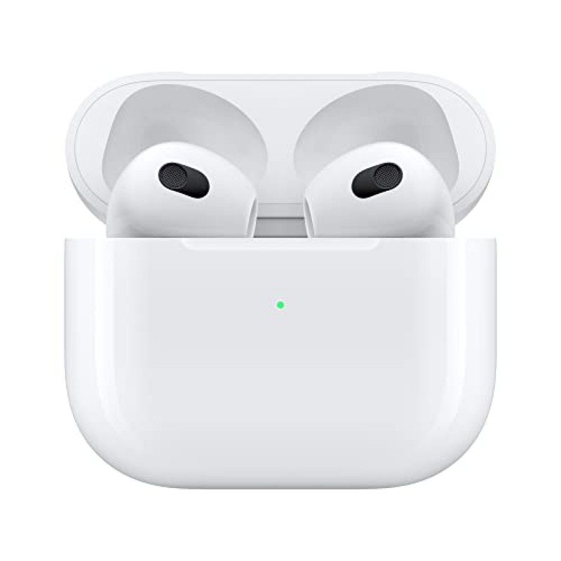 Lightning 충전 케이스가 포함된 Apple AirPods(3세대) 무선 이어버드. 공간 오디오, 땀 및 방수 기능, 최대 30시간의 배터리 수명. iPhone용 블루투스 헤드폰