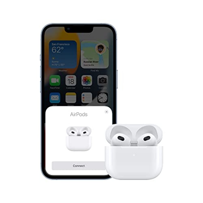 Lightning 충전 케이스가 포함된 Apple AirPods(3세대) 무선 이어버드. 공간 오디오, 땀 및 방수 기능, 최대 30시간의 배터리 수명. iPhone용 블루투스 헤드폰