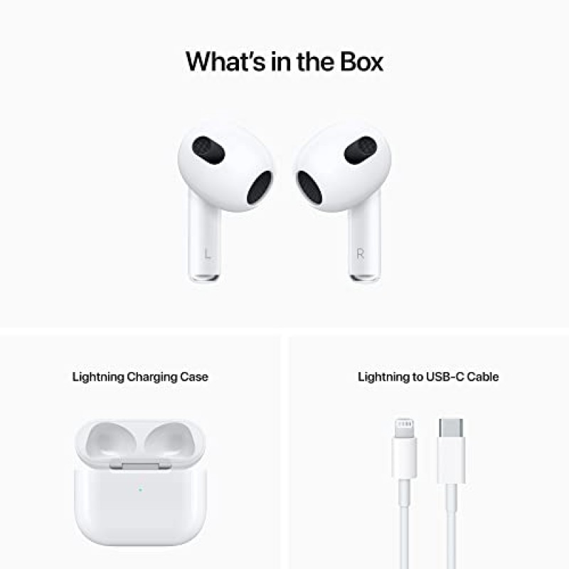 Lightning 충전 케이스가 포함된 Apple AirPods(3세대) 무선 이어버드. 공간 오디오, 땀 및 방수 기능, 최대 30시간의 배터리 수명. iPhone용 블루투스 헤드폰