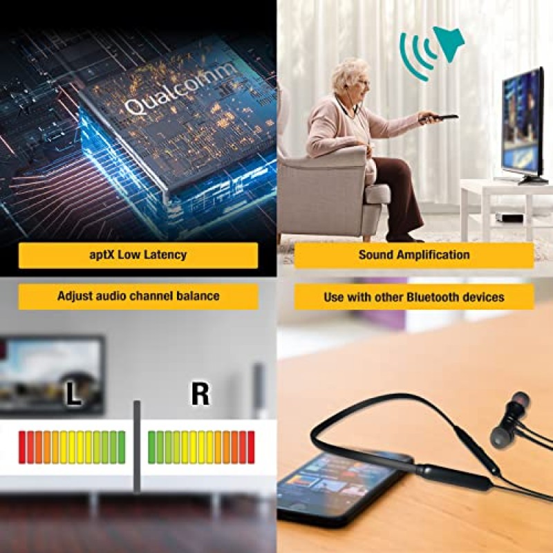 HomeSpot Bluetooth 5.3 aptX LL 송신기를 갖춘 TV 시청용 무선 넥밴드 헤드폰 지연 없음 경량 고음량 노인에게 적합 3.5mm Aux RCA TOSLINK 광학