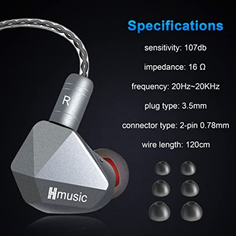 Hmusic IEM 이어폰, 듀얼 마그네틱 다이나믹 드라이버 HiFi 스테레오 사운드 인이어 모니터, 소음 차단 유선 헤드폰 가수, 음악가, 드러머용 분리형 케이블이 있는 이어버드(마이크 없음)