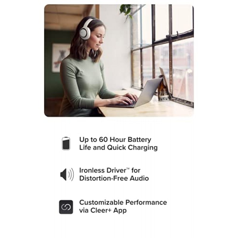 Cleer Audio Enduro ANC 소음 차단 헤드폰, 오래 지속되는 60시간 배터리, 주변 소음 수준, Bluetooth 헤드폰, 스마트 컨트롤 앱 - 밝은 회색