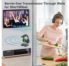 5.8GHz RF 송신기 충전 도크를 갖춘 TV 시청용 WallarGe 듀얼 무선 헤드폰, 25시간 재생 시간을 위한 무선 오버온이어 TV 헤드폰, 립싱크 지연 없음, 플러그 앤 플레이. 2개 세트