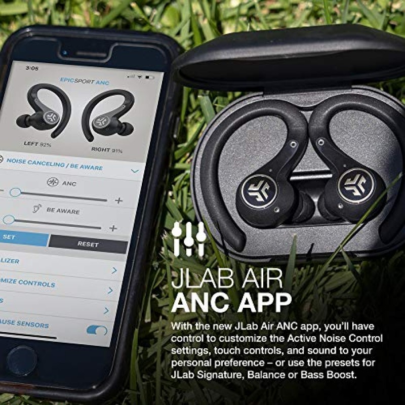 JLab Epic Air Sport ANC 진정한 무선 Bluetooth 5 이어버드, 운동용 헤드폰, IP66 땀 방지, 15시간 배터리 수명, 55시간 충전 케이스, 음악 제어, 3가지 EQ 사운드 설정