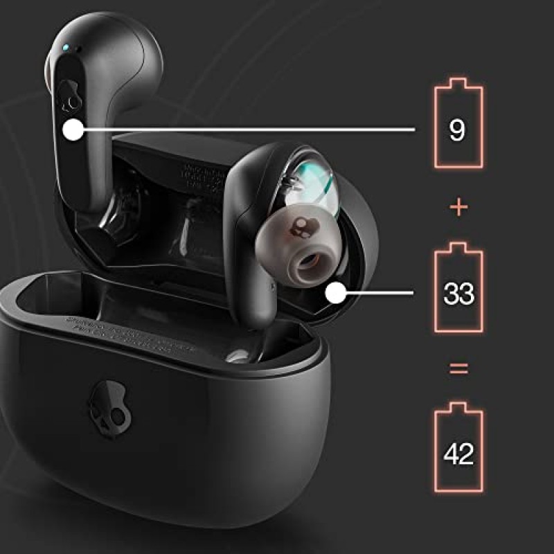 Skullcandy 레일 인이어 무선 이어버드, 42시간 배터리, Skull-iQ, Alexa 지원, 마이크, iPhone Android 및 Bluetooth 장치와 작동 - 블랙